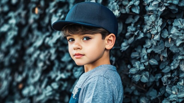 Confident Kid with Cap Posing in Backyard Under Warm Studio Lighting - Wide Shot with Tilt-Shift Effect and Flat Lay Composition