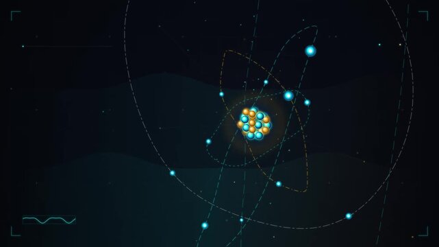 Atomic structure model visualization showing nucleus and orbiting electrons in quantum space