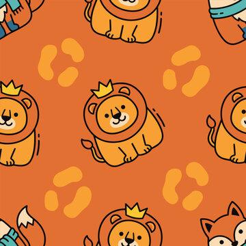 Cartoon lion and fox seamless pattern