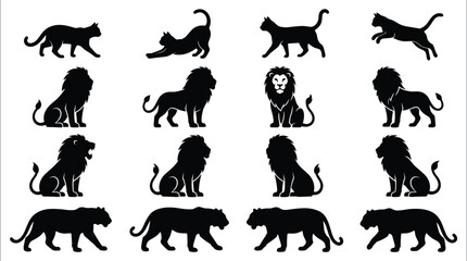 Obraz premium Black Silhouette Feline Vector Set with Domestic Cats Lions and Tigers in Different Poses for Logo Stencil Tattoo and Graphic Designs