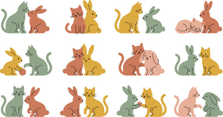 Obraz premium Cute Cartoon Cat and Rabbit Interaction Vector Collection for Kids Nursery Prints Greeting Cards Children Book Illustrations and Playful Graphic Designs