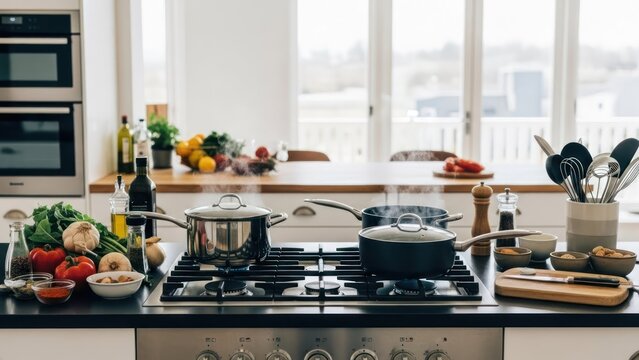 Modern Kitchen Countertop with Pots Simmering on Gas Stove and Fresh Produce.