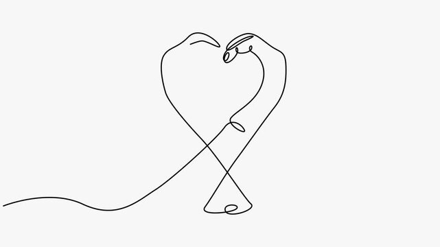 Continuous line art animation of two hands making a heart shape sign on a white background.