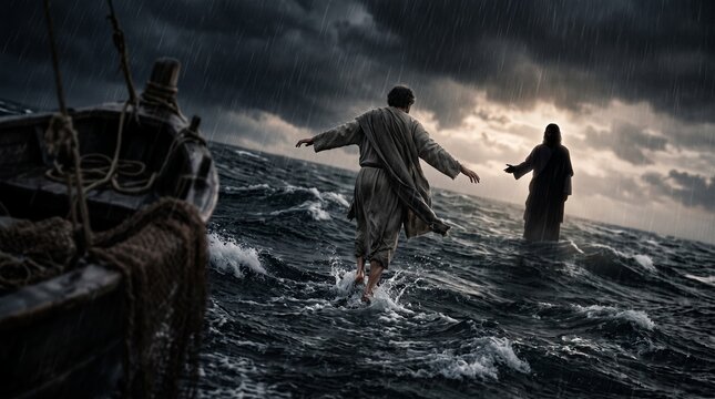 Peter Walking Unsteadily on Water During a Violent Night Storm