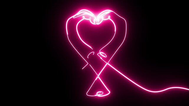 Continuous glowing pink line art animation of two hands making a heart shape sign.