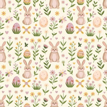 Easter seamless pattern with cute bunnies and colorful eggs on a light floral background