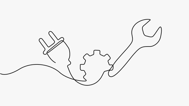 Continuous line art animation of electrical plug, gear, and wrench tools symbols on white.   