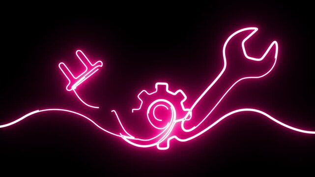 Continuous glowing pink line art animation of electrical plug, gear, and wrench tools symbols.   