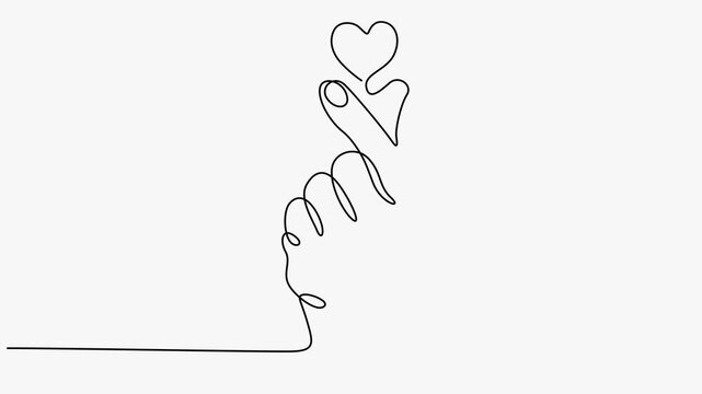 Continuous line art animation of a hand showing a mini finger heart sign on white.   