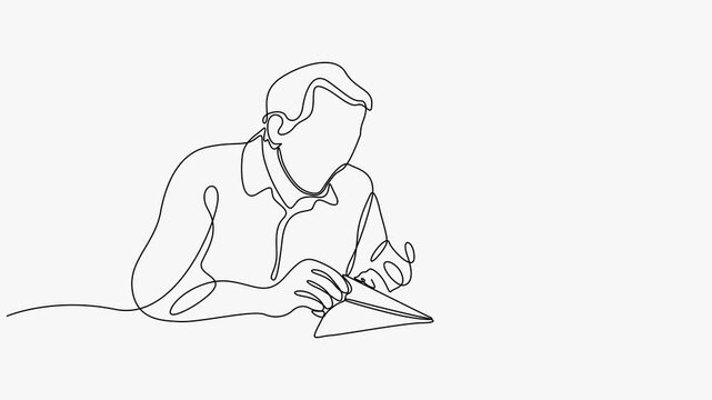 Continuous line art animation of a father and child making paper airplanes on white background.   