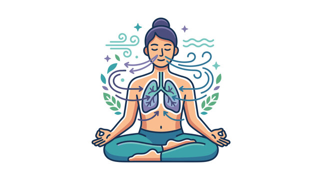 Woman Meditating, Breathing Exercise, Lungs Illustration, Yoga Pose