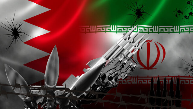 Bahraini and Iranian warfare, the modernization of the Bahraini and Iranian military defense systems, and geopolitical war risk indicators. The Bahraini and Iranian flags, bullet holes, and barbed 
