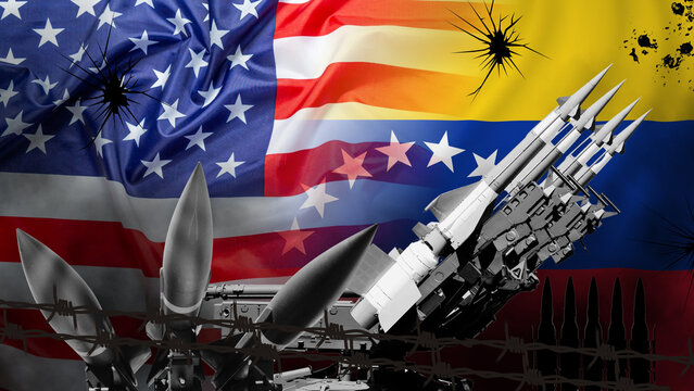 US and Venezuelan warfare, the modernization of the US and Venezuelan military defense systems, and geopolitical war risk indicators. The US and Venezuela flags, bullet holes, and barbed wire fencing
