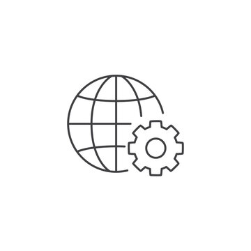 Global settings globe and gear line icon for worldwide configuration, network, and system management
