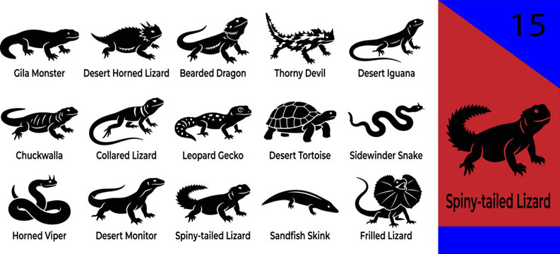 Black desert reptile silhouette icons set gila monster horned lizard dragon iguana chuckwalla gecko tortoise viper monitor spiny-tailed editable vector