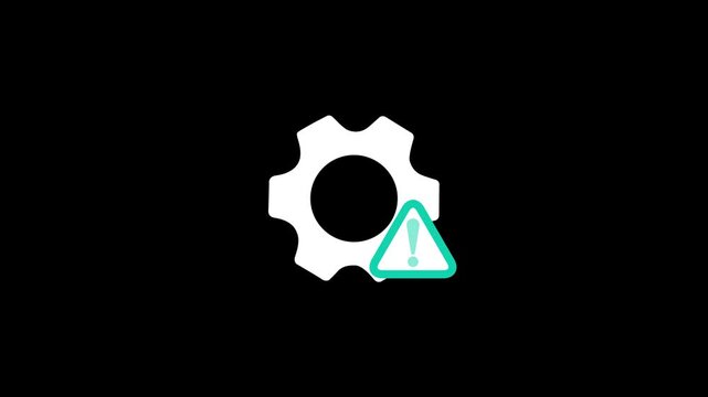 Gear setting icon with warning exclamation sign animation isolated on black background. System error, technical failure, process issue, and software bug motion graphic element.