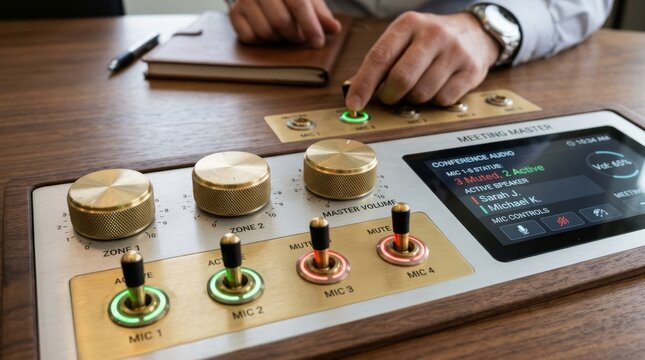 Person adjusting audio mixer controls during a meeting setup