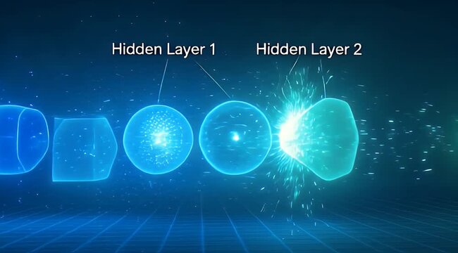 Digital Animation of Deep Learning Neural Network Showing Information Flow from Input Layer to Final Output Stage.