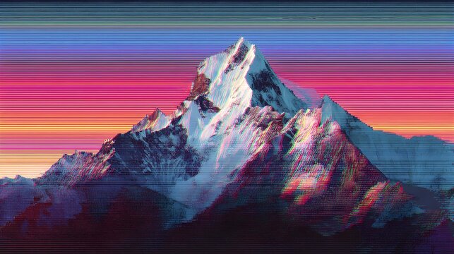 Glitch art style snow mountains peak at retro synthwave