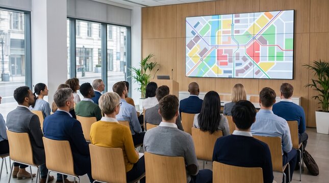 Corporate seminar attendees group, with colorful city transit map on screen, listening to urban planning lecture, in bright office conference room, corporate event photography