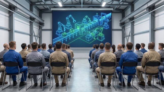 Factory technicians training assembly, with robotic production line schematic on screen, seated on chairs facing forward, industrial facility warehouse, manufacturing seminar photography