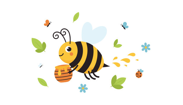 Cute cartoon bee flying happily while holding a wooden honey pot surrounded by green leaves and small flowers.
