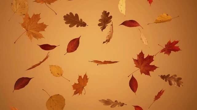 Colorful autumn leaves falling slowly downward against a warm orange background motion video clip