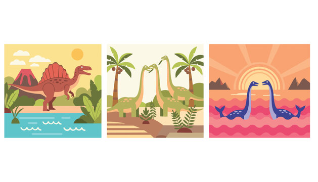 Three colorful prehistoric landscapes showcasing different dinosaur species including spinosaurus, sauropods, and plesiosaurs.