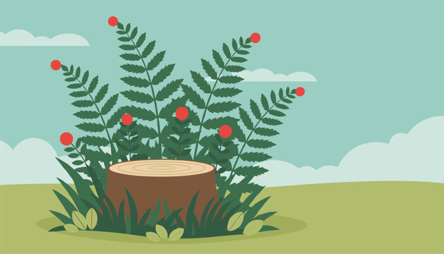 Rustic brown tree stump sitting in soft green grass surrounded by lush green fern leaves adorned with bright red berries.