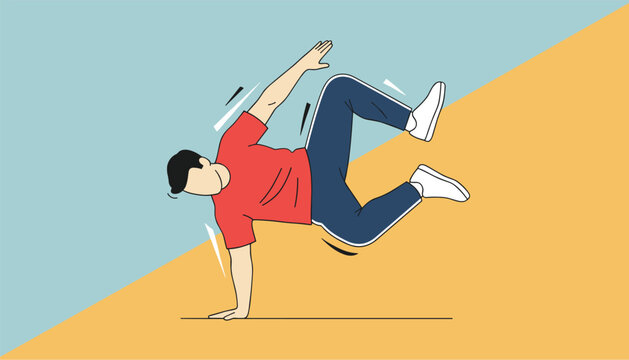Energetic athletic breakdancer wearing a red t-shirt and blue pants performing a stylish handstand freeze move on a split background.