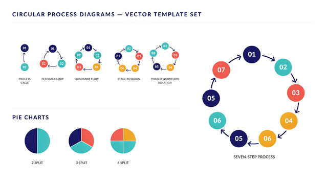A set of colorful circular process diagrams and pie charts for data visualization, isolated on white background. Ideal for business presentations and infographics.