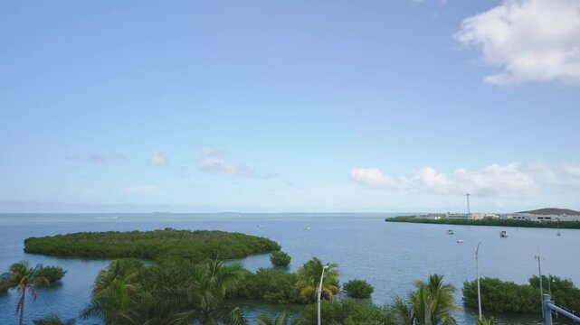 High-angle view of a tropical seascape with mangrove islands and blue ocean. Coastal nature landscape and summer travel destination.