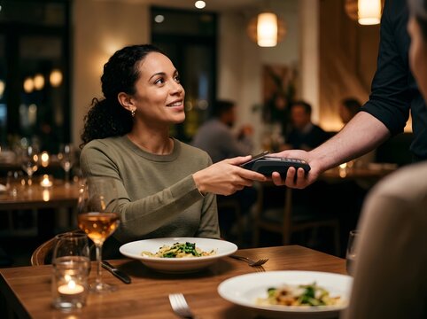 Smiling woman at elegant restaurant table paying with contactless card under warm ambient lighting and cozy ambiance
