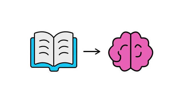 Builds knowledge and skills concept icon animation with book and brain. 4k stock video. Black BG