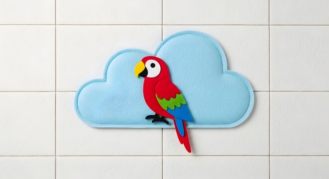 A bright red and green parrot perched on a soft blue cloud, set against a tiled background