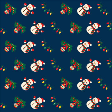 Seamless Christmas pattern with cute snowmen, pine branches, ornaments, and lights on blue background