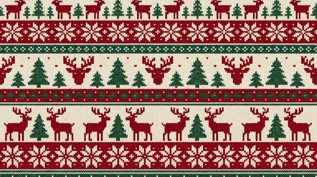 Seamless Ugly Christmas Sweater Knitted Pattern with Reindeer and Snowflakes