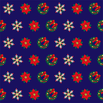 Seamless Christmas Pattern with Snowflakes Poinsettia Flowers and Wreaths on Dark Blue Background