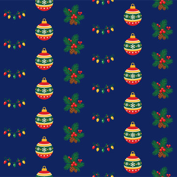 Seamless Christmas Pattern with Baubles, Pine Needles, and Festive Lights on Navy Blue Background
