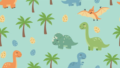 Obraz premium Seamless repeating pattern featuring cute colorful dinosaurs palm trees and dinosaur eggs on a light teal background.