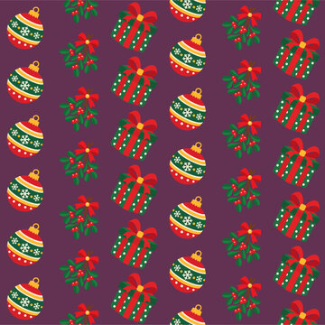 Seamless Christmas Vector Pattern with Festive Gift Boxes, Baubles, and Holly Berries on Dark Purple