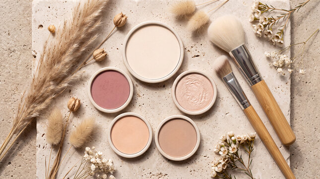 Assorted cosmetic powders and makeup brushes are arranged with dried floral elements on a textured surface cosmetics powder beige