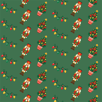 Seamless Christmas Pattern with Nutcrackers, Decorated Holiday Trees and Light Strings on Green Background