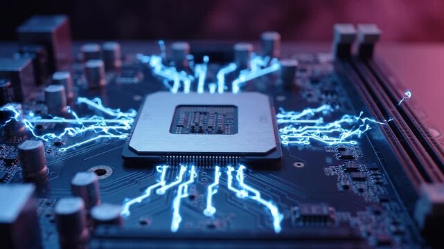 High Tech Computer Processor with Glowing Blue Electrical Energy Pulses Flowing Through Circuit Board