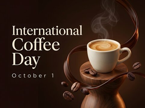 International coffee day celebration poster with a steaming cup of fresh coffee and roasted coffee beans