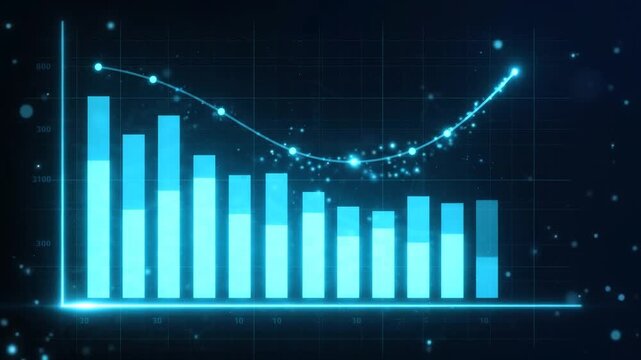 Glowing Blue Financial Data Chart with Animating Bar Graph and Curved Line Growth Analysis on Dark Grid Background