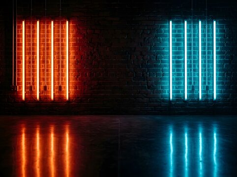 Vibrant Neon Light Installation Illuminating Aged Brick Wall with Warm Orange and Cool Blue Glowing Tubes
