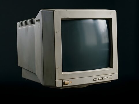 Vintage CRT Monitor with Weathered Beige Frame Displaying Blank Screen Against Dark Background for Retro Tech Aesthetic