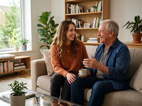 Warm-hearted intergenerational conversation over tea in cozy modern living room with natural light and greenery