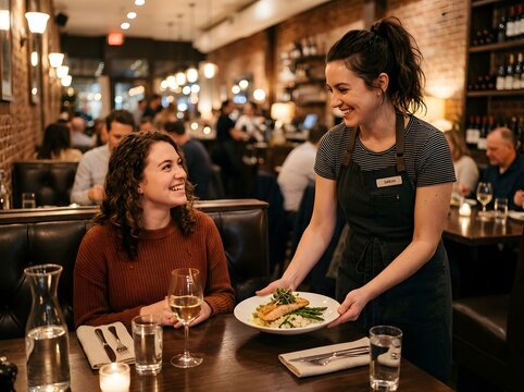 Warm Smiling Server Presenting Fresh Gourmet Dish to Happy Customer in Cozy Urban Dining Restaurant